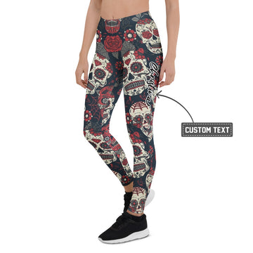 Personalisierte Damen Sportleggings Sugar Skull Design Totenkopf Rosen Muster Schwarz Rot Fitness Yoga Leggings U953 - XL