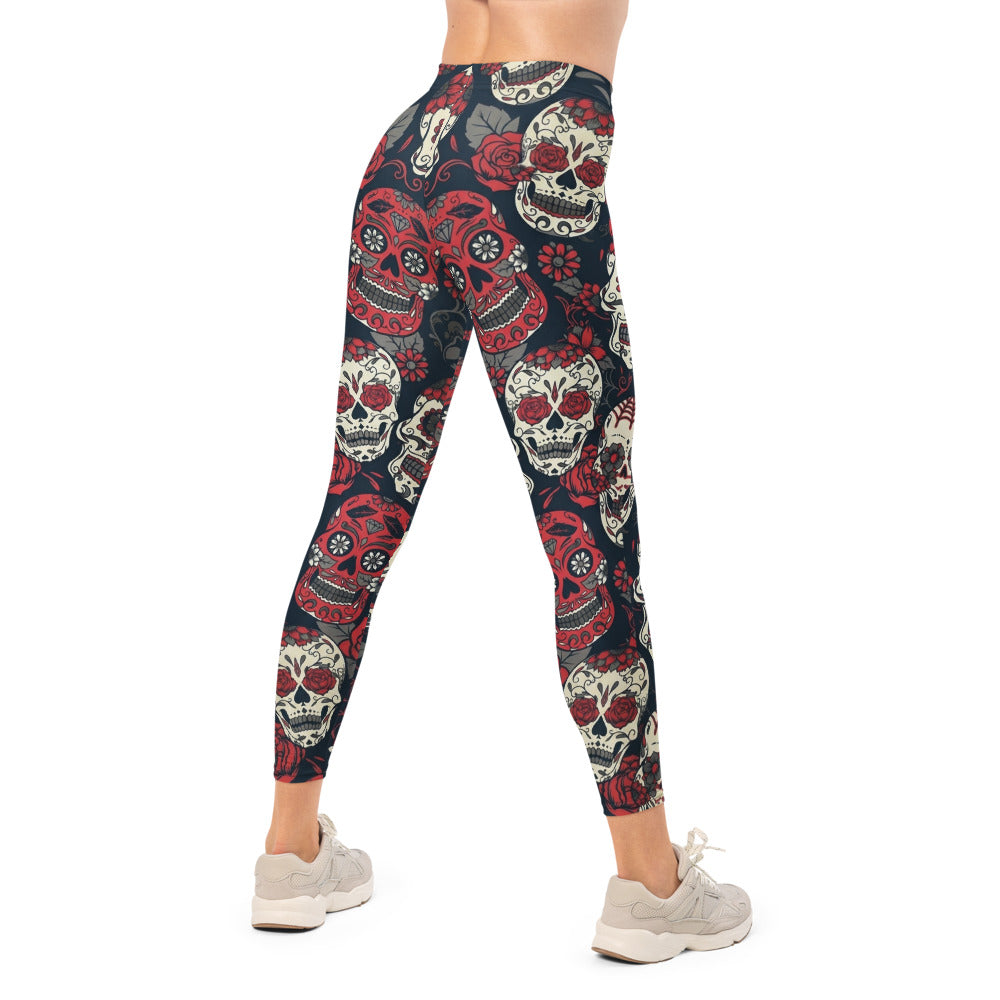Personalisierte Damen Sportleggings Sugar Skull Design Totenkopf Rosen Muster Schwarz Rot Fitness Yoga Leggings U953