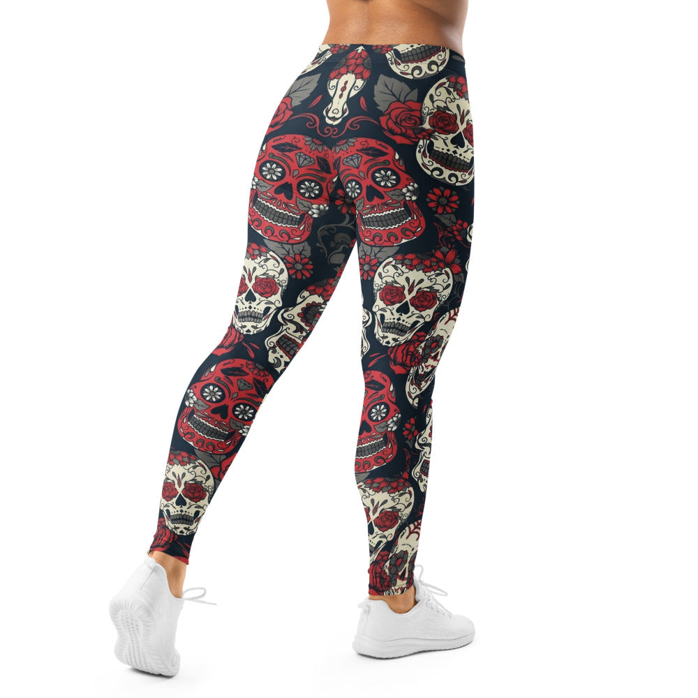 Personalisierte Damen Sportleggings Sugar Skull Design Totenkopf Rosen Muster Schwarz Rot Fitness Yoga Leggings U953