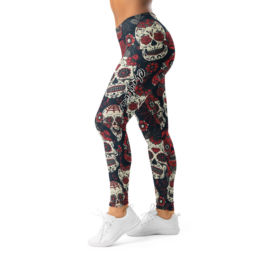 Personalisierte Damen Sportleggings Sugar Skull Design Totenkopf Rosen Muster Schwarz Rot Fitness Yoga Leggings U953