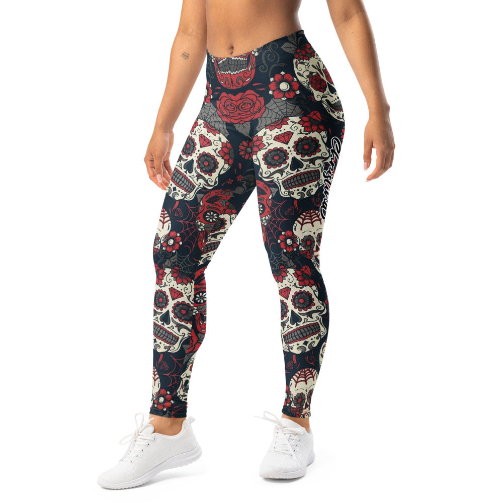 Personalisierte Damen Sportleggings Sugar Skull Design Totenkopf Rosen Muster Schwarz Rot Fitness Yoga Leggings U953