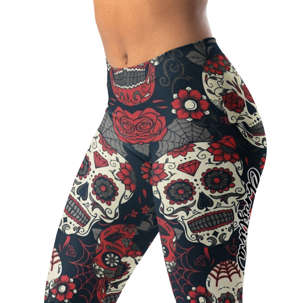 Personalisierte Damen Sportleggings Sugar Skull Design Totenkopf Rosen Muster Schwarz Rot Fitness Yoga Leggings U953