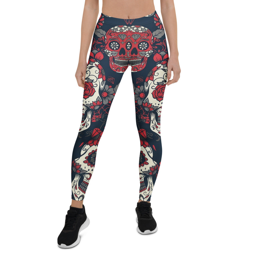 Personalisierte Damen Sportleggings Totenkopf Sugar Skull Design Blau Rot Fitness Yoga Leggings K019