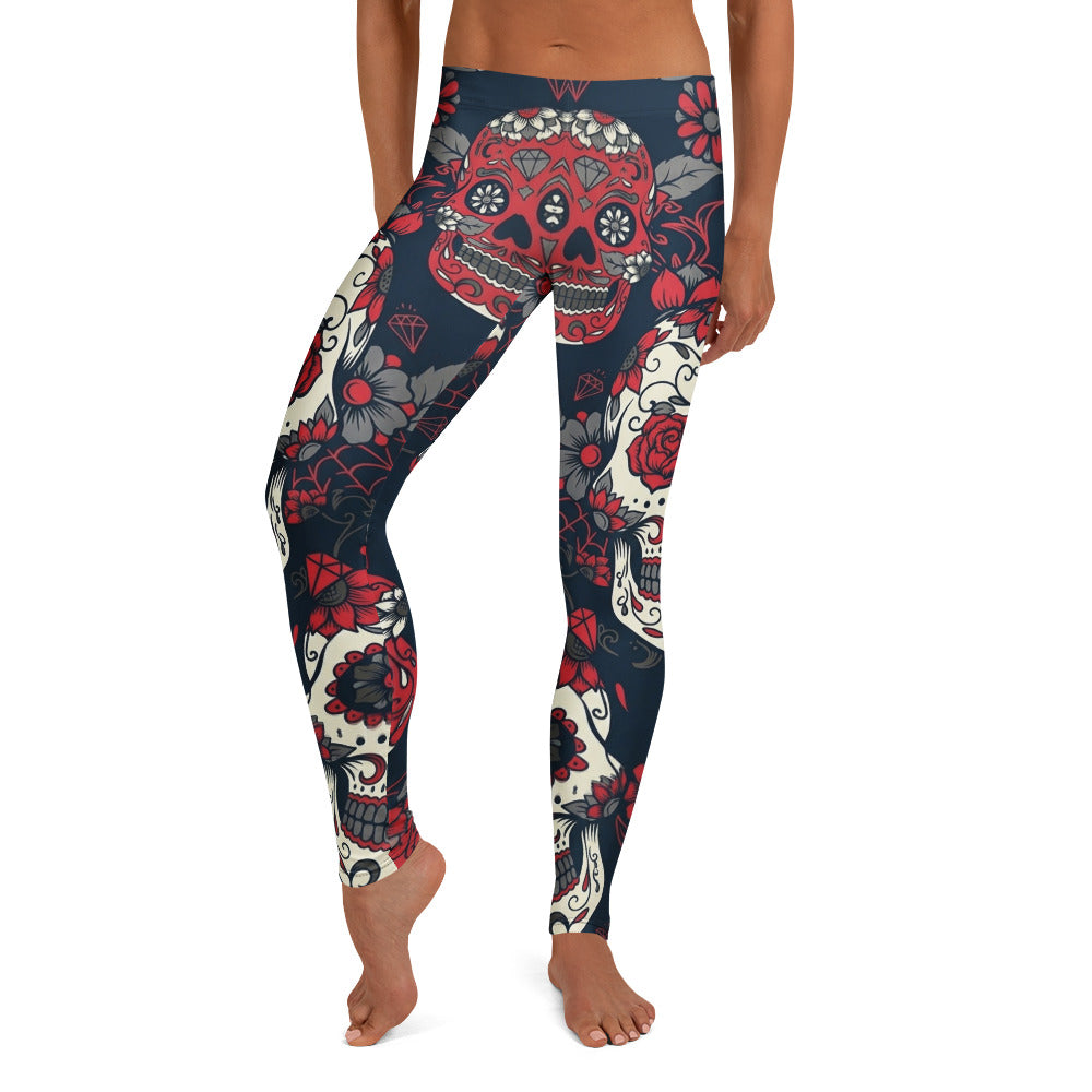 Personalisierte Damen Sportleggings Totenkopf Sugar Skull Design Blau Rot Fitness Yoga Leggings K019