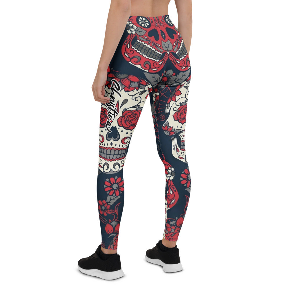Personalisierte Damen Sportleggings Totenkopf Sugar Skull Design Blau Rot Fitness Yoga Leggings K019