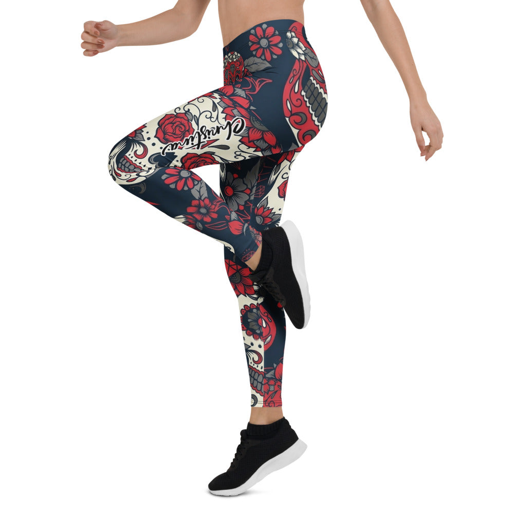 Personalisierte Damen Sportleggings Totenkopf Sugar Skull Design Blau Rot Fitness Yoga Leggings K019