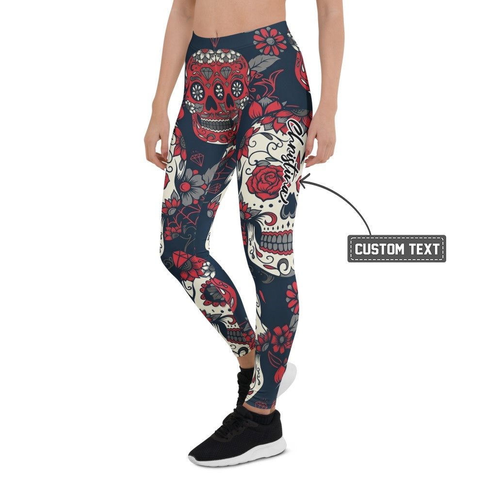 Personalisierte Damen Sportleggings Totenkopf Sugar Skull Design Blau Rot Fitness Yoga Leggings K019 - XL