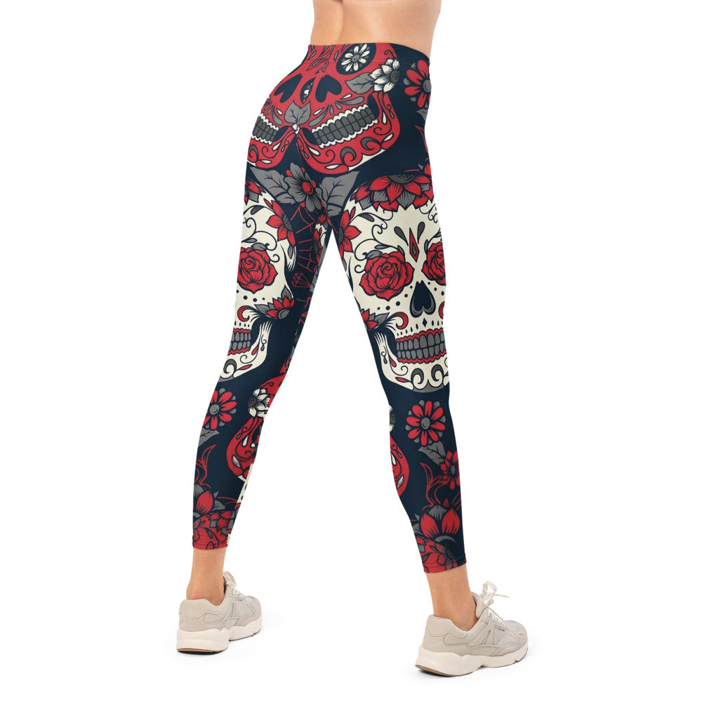 Personalisierte Damen Sportleggings Totenkopf Sugar Skull Design Blau Rot Fitness Yoga Leggings K019