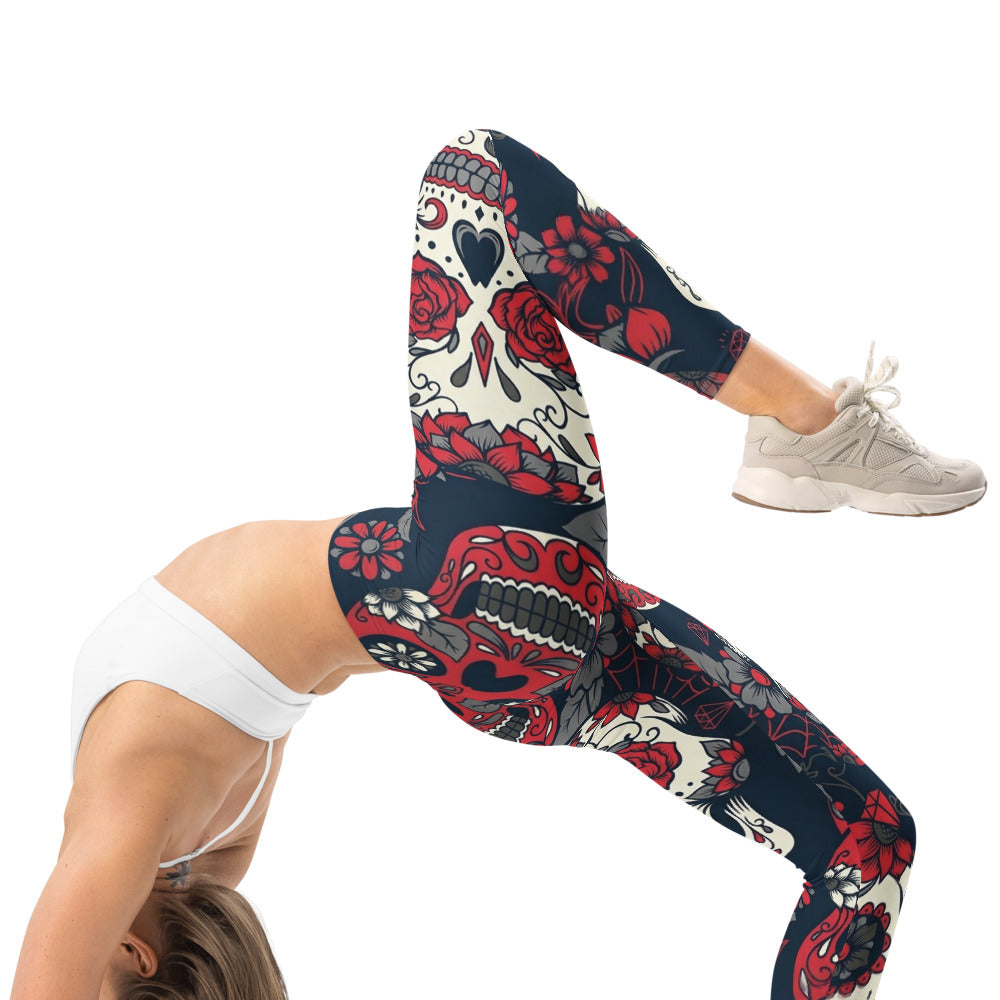 Personalisierte Damen Sportleggings Totenkopf Sugar Skull Design Blau Rot Fitness Yoga Leggings K019