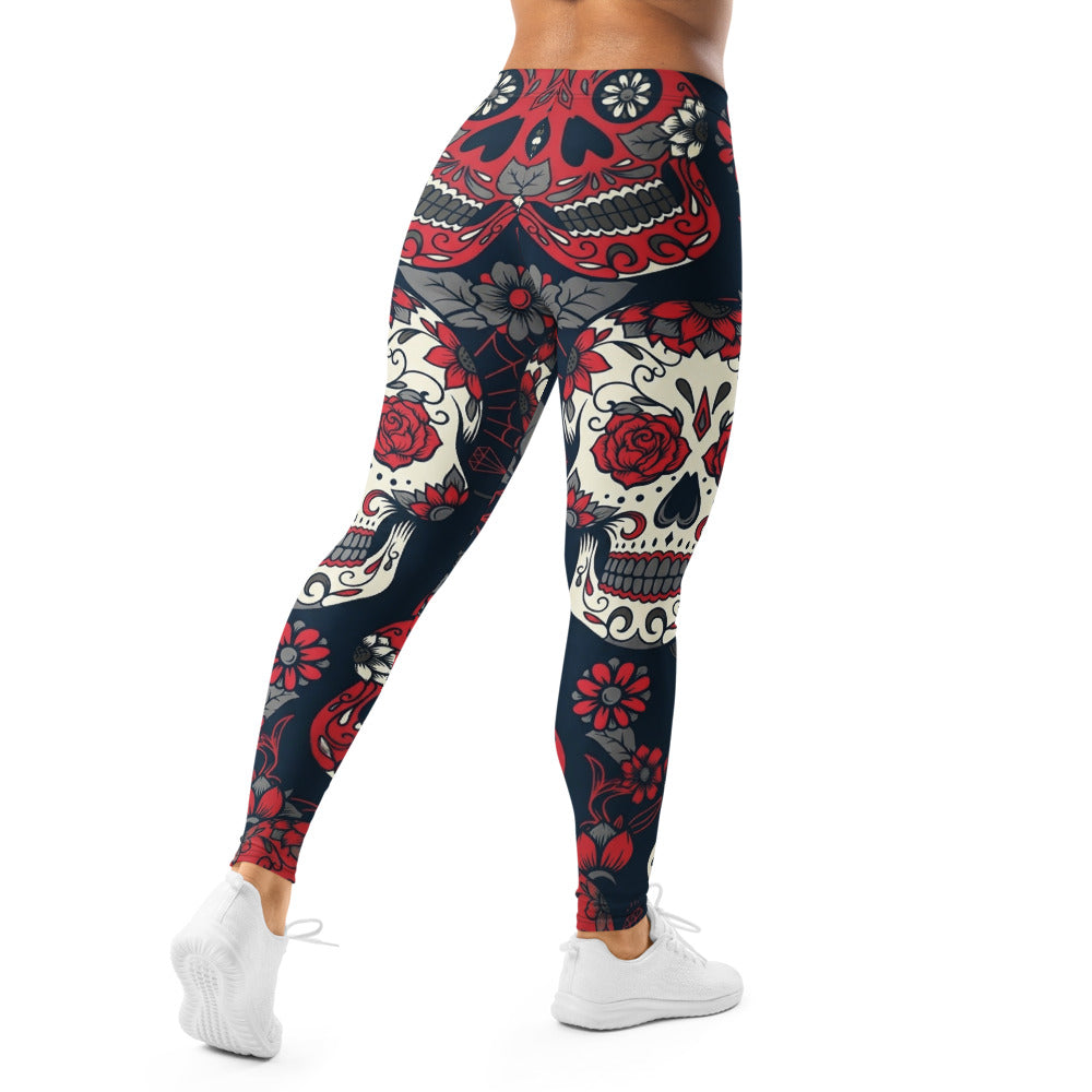 Personalisierte Damen Sportleggings Totenkopf Sugar Skull Design Blau Rot Fitness Yoga Leggings K019