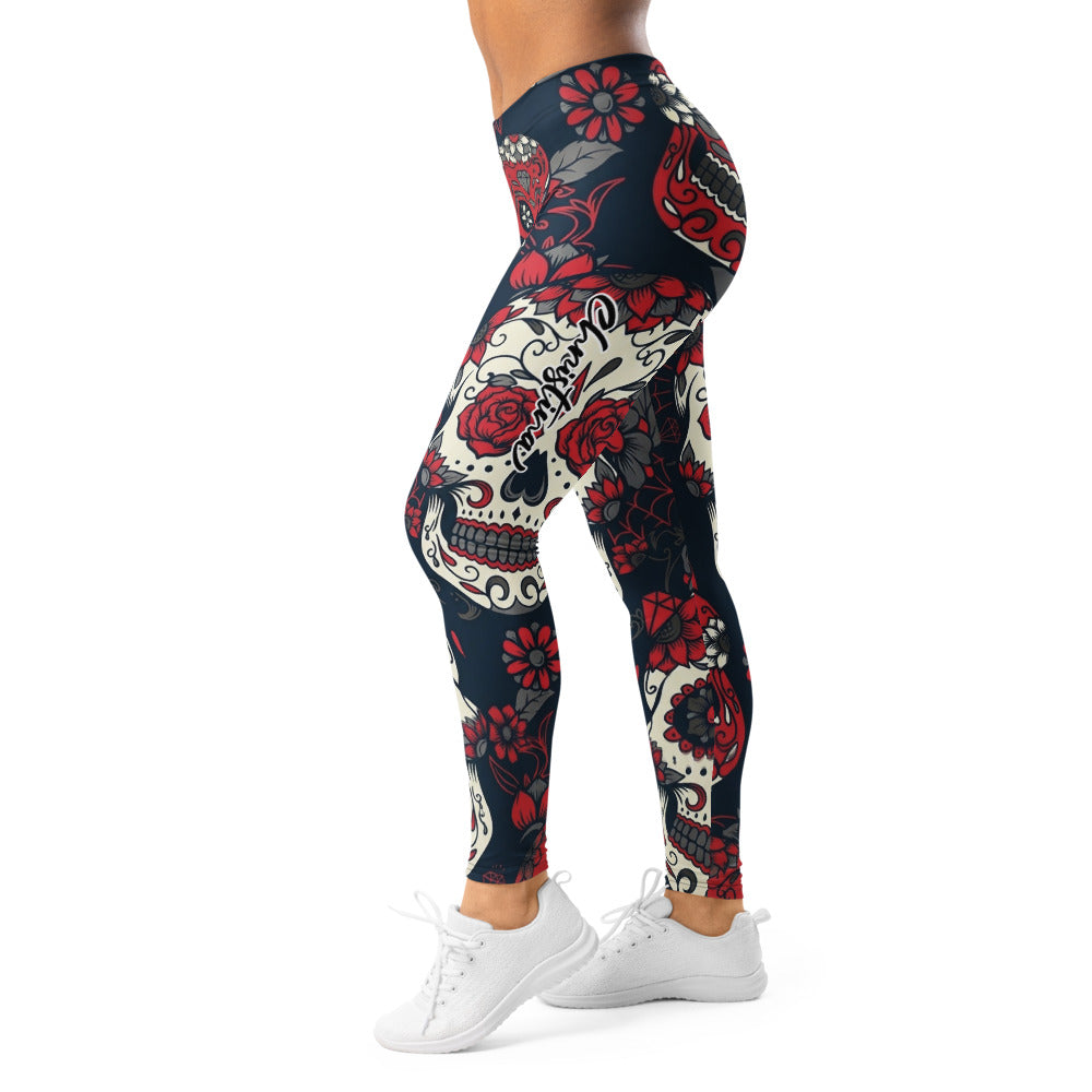 Personalisierte Damen Sportleggings Totenkopf Sugar Skull Design Blau Rot Fitness Yoga Leggings K019