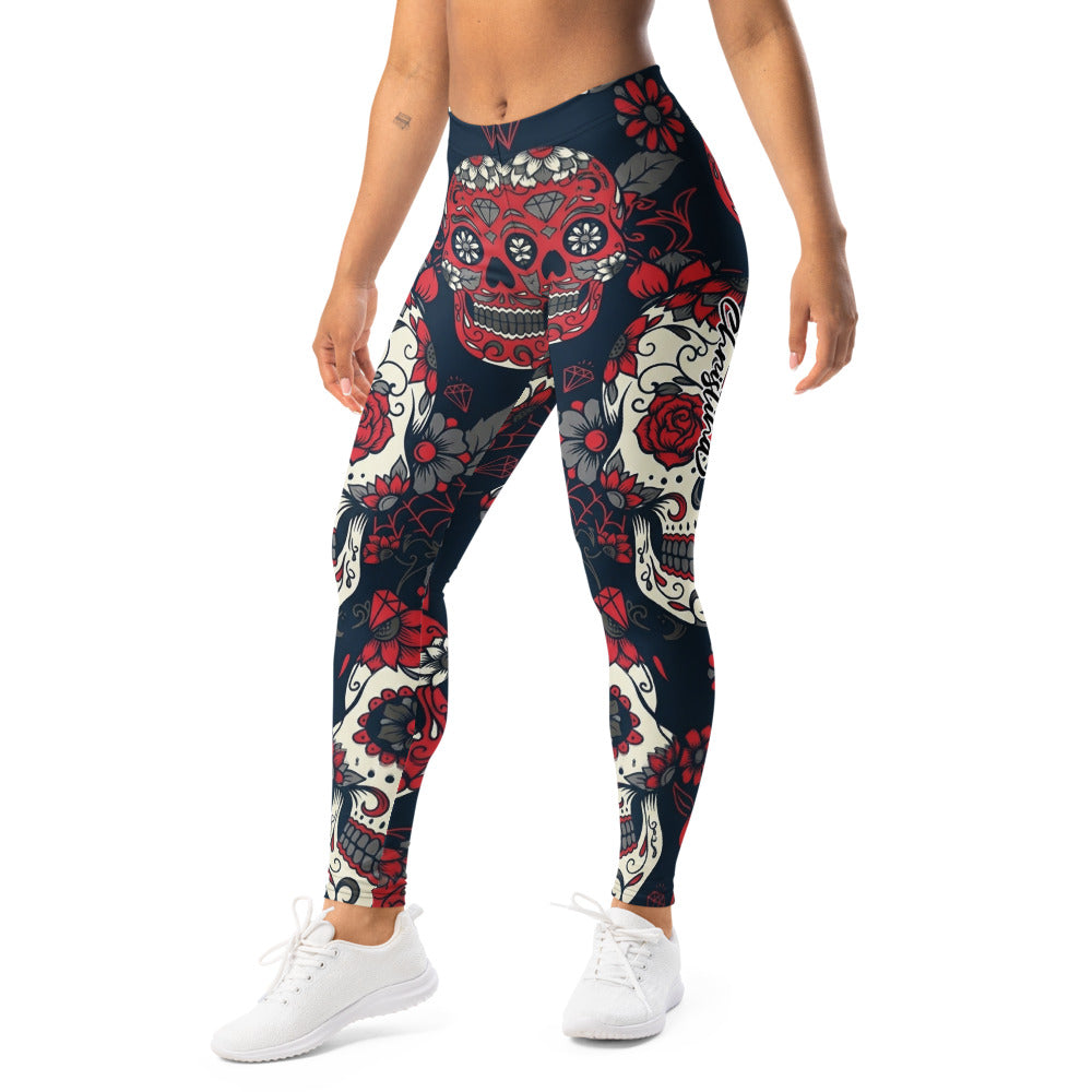 Personalisierte Damen Sportleggings Totenkopf Sugar Skull Design Blau Rot Fitness Yoga Leggings K019