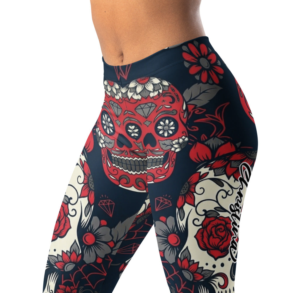 Personalisierte Damen Sportleggings Totenkopf Sugar Skull Design Blau Rot Fitness Yoga Leggings K019