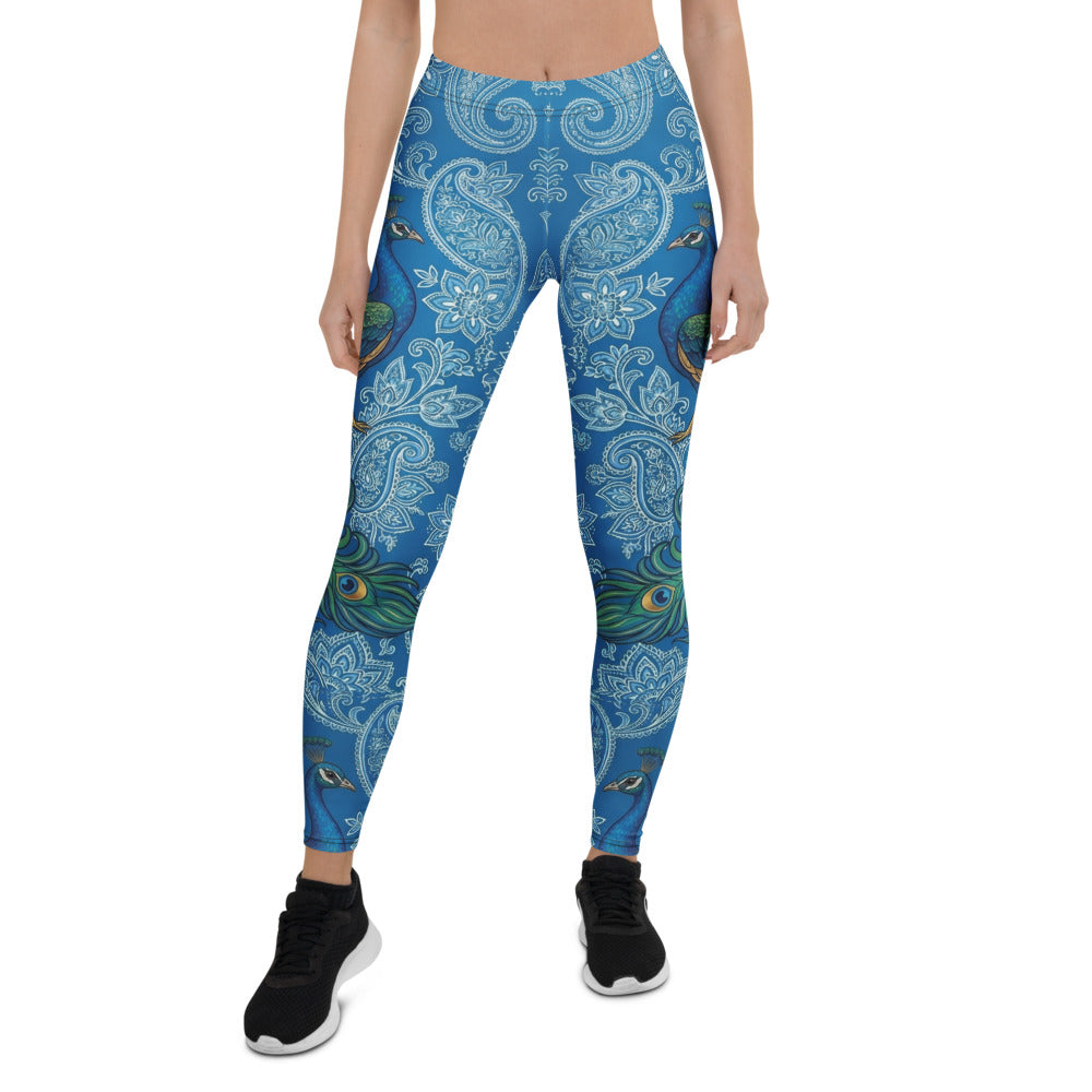 Personalisierte Damen Sportleggings Blau Paisley Pfau Motiv Fitness Yoga Leggings Bedruckt V153