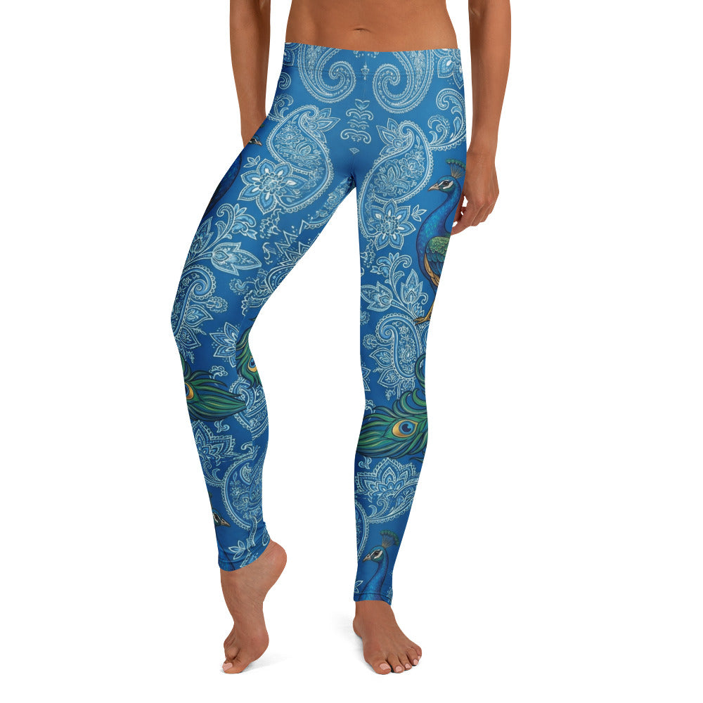 Personalisierte Damen Sportleggings Blau Paisley Pfau Motiv Fitness Yoga Leggings Bedruckt V153