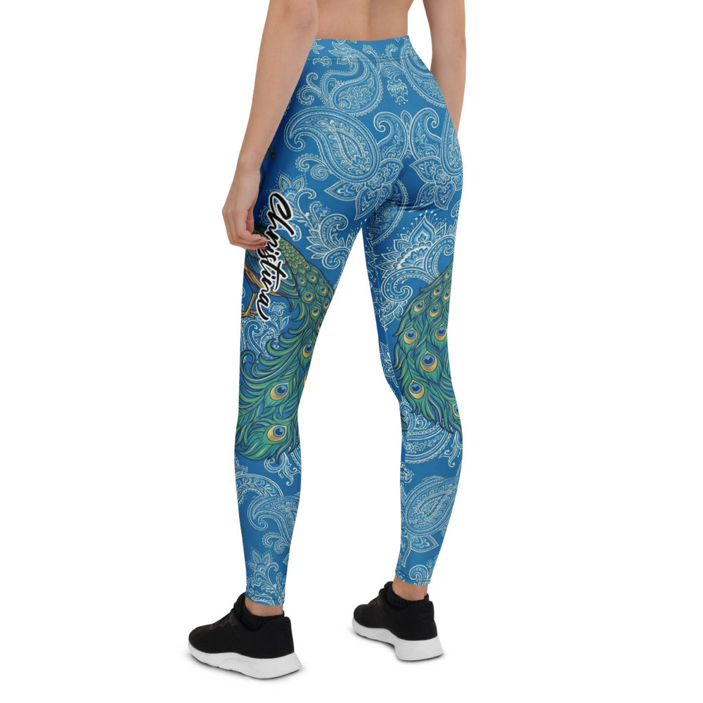 Personalisierte Damen Sportleggings Blau Paisley Pfau Motiv Fitness Yoga Leggings Bedruckt V153