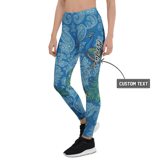 Personalisierte Damen Sportleggings Blau Paisley Pfau Motiv Fitness Yoga Leggings Bedruckt V153 - XL