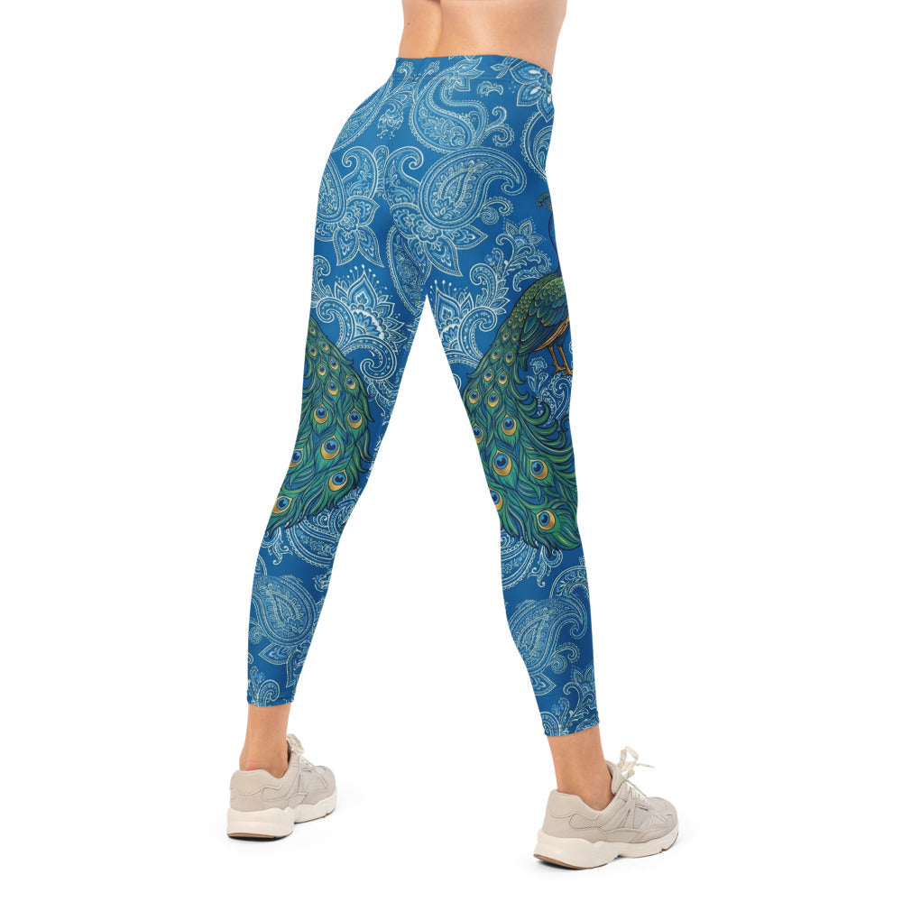 Personalisierte Damen Sportleggings Blau Paisley Pfau Motiv Fitness Yoga Leggings Bedruckt V153