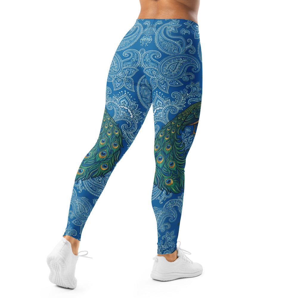 Personalisierte Damen Sportleggings Blau Paisley Pfau Motiv Fitness Yoga Leggings Bedruckt V153