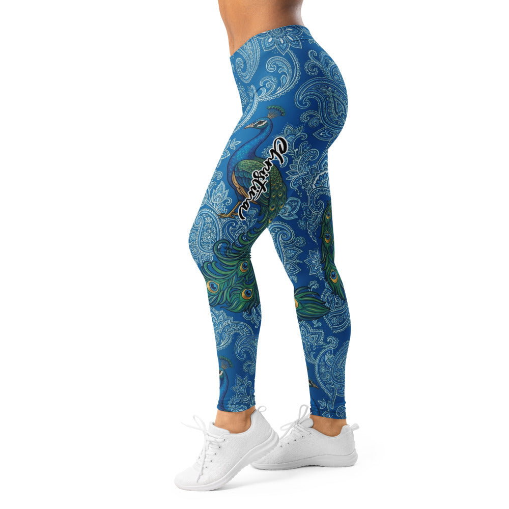 Personalisierte Damen Sportleggings Blau Paisley Pfau Motiv Fitness Yoga Leggings Bedruckt V153