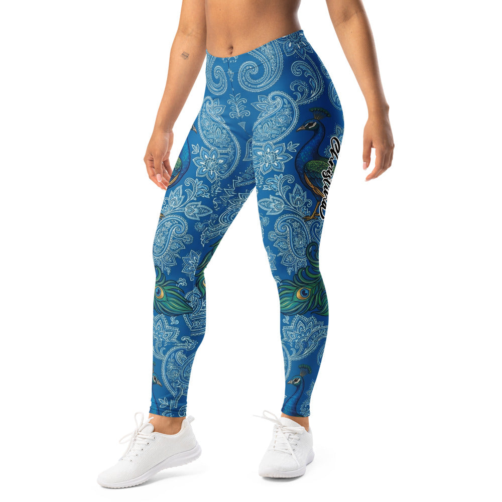 Personalisierte Damen Sportleggings Blau Paisley Pfau Motiv Fitness Yoga Leggings Bedruckt V153