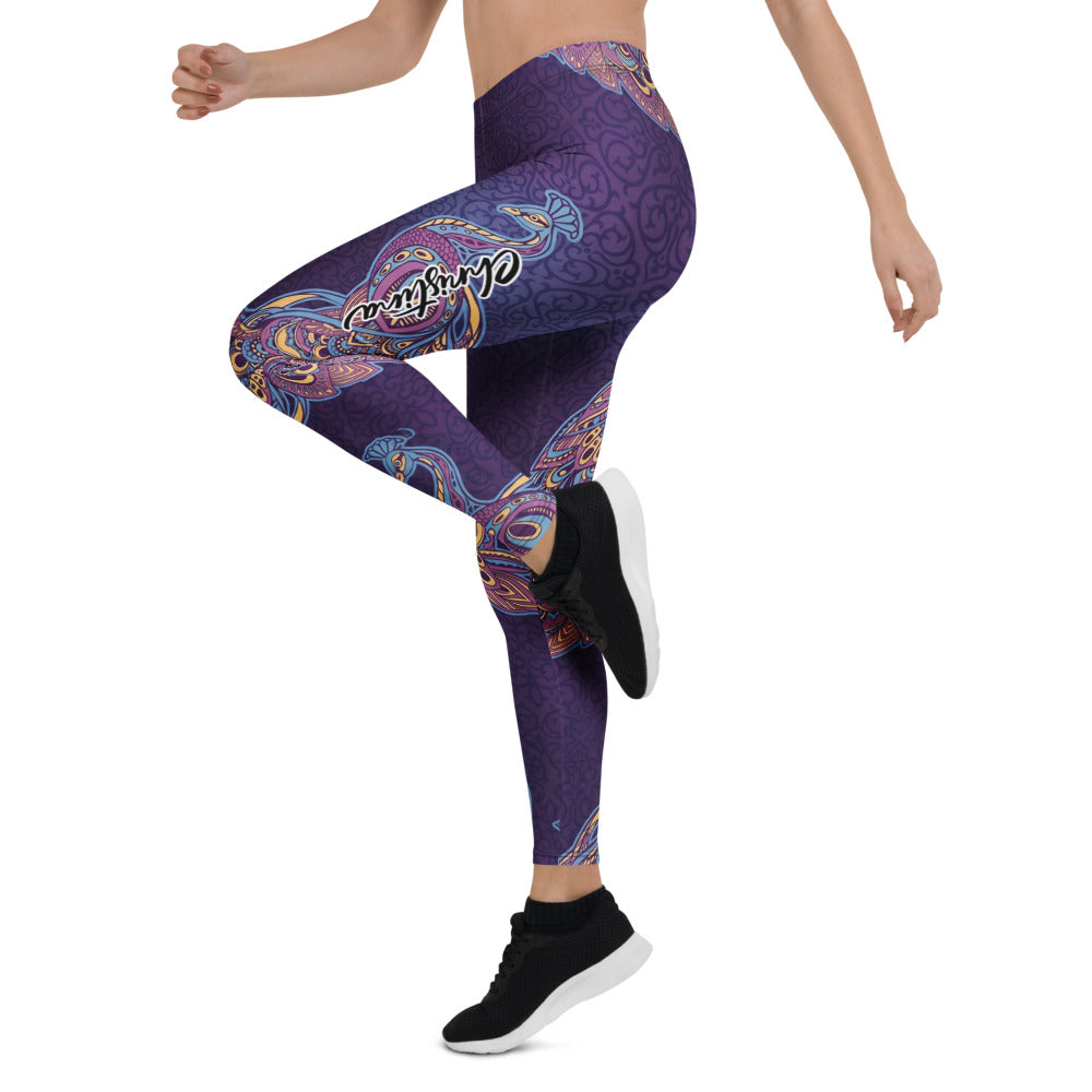 Personalisierte Damen Sportleggings Pfau Motiv Ornament Muster Lila Blau Yoga Fitness Leggings V534