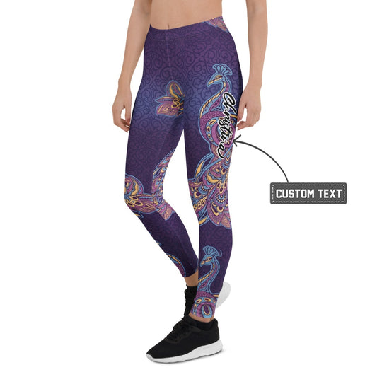 Personalisierte Damen Sportleggings Pfau Motiv Ornament Muster Lila Blau Yoga Fitness Leggings V534 - XL
