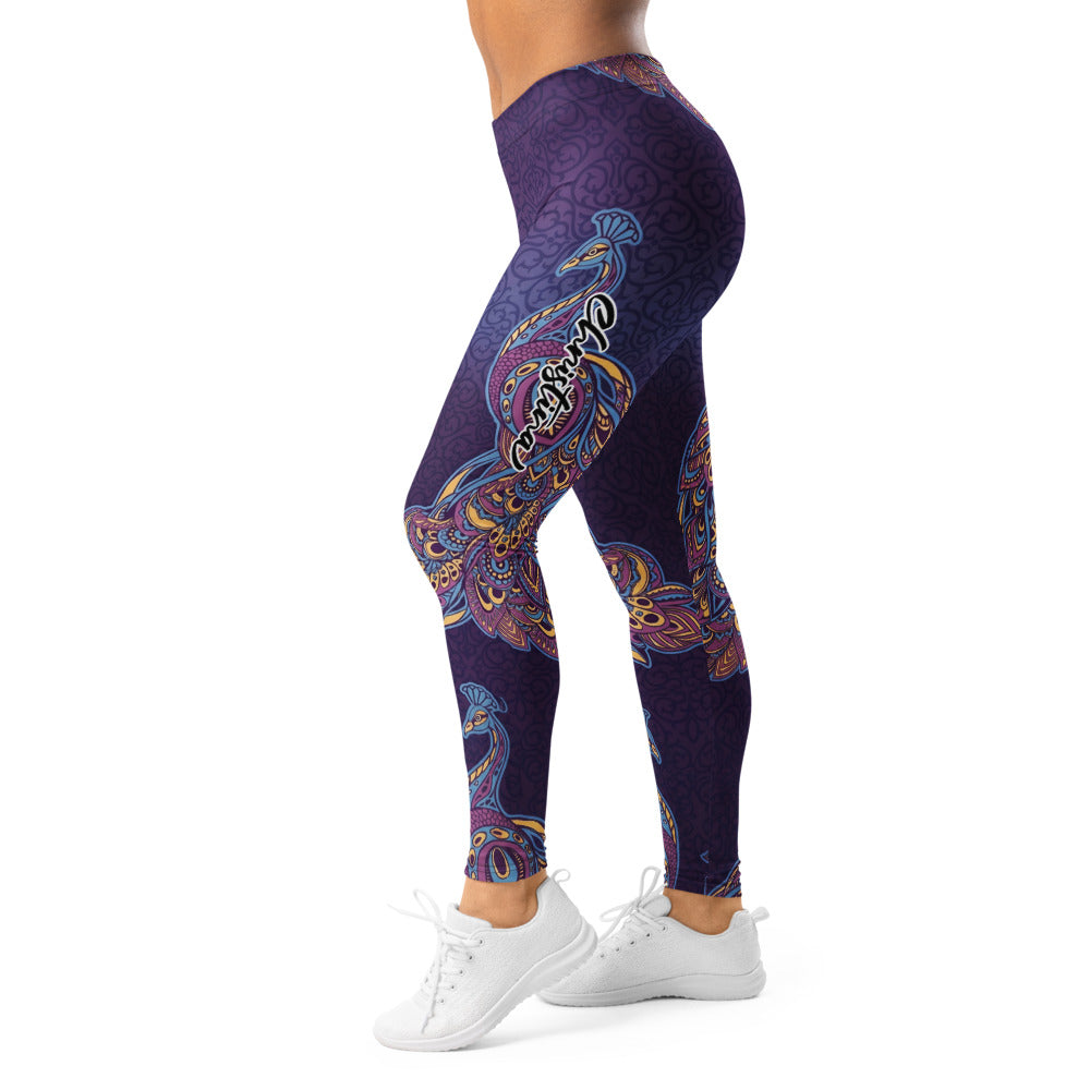 Personalisierte Damen Sportleggings Pfau Motiv Ornament Muster Lila Blau Yoga Fitness Leggings V534