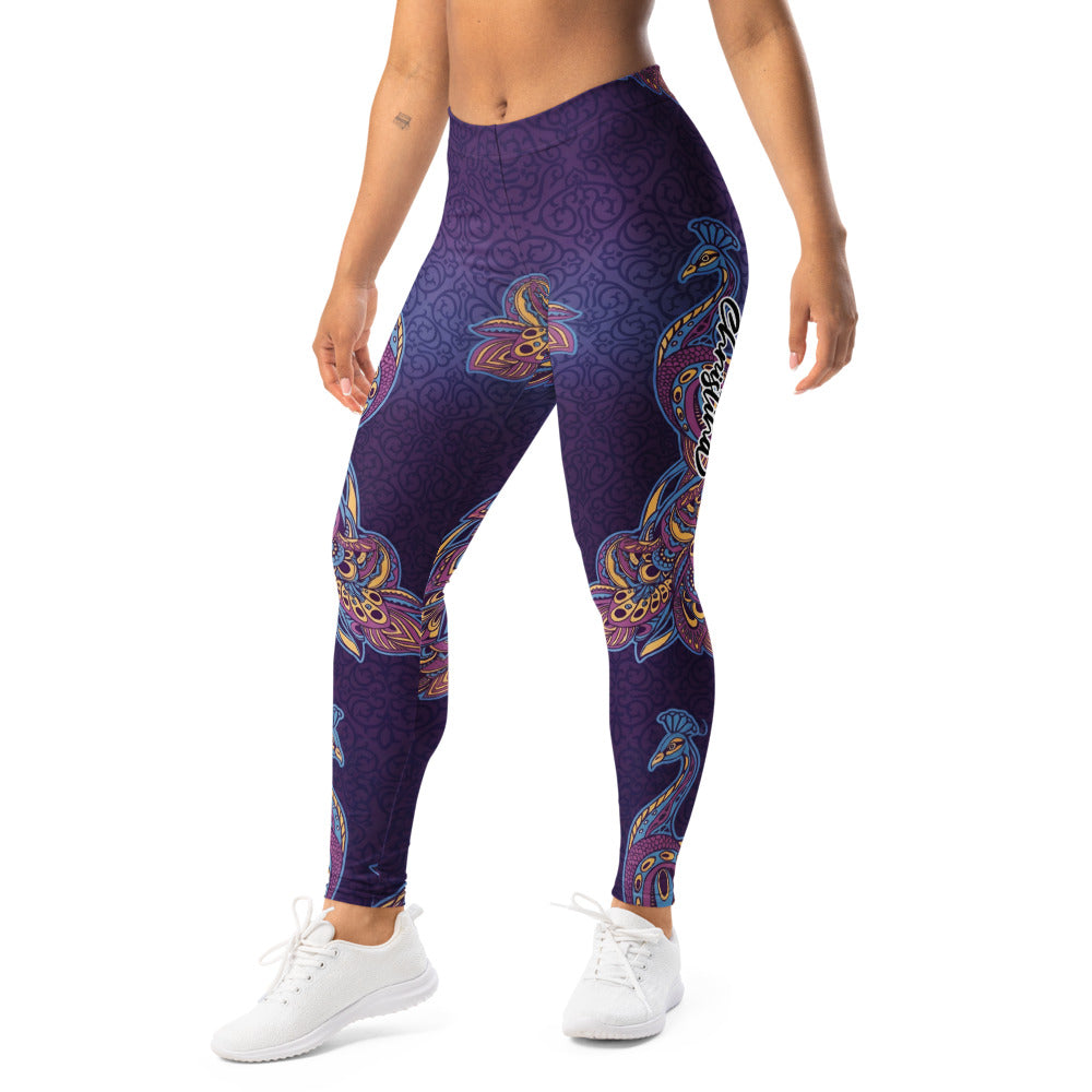Personalisierte Damen Sportleggings Pfau Motiv Ornament Muster Lila Blau Yoga Fitness Leggings V534