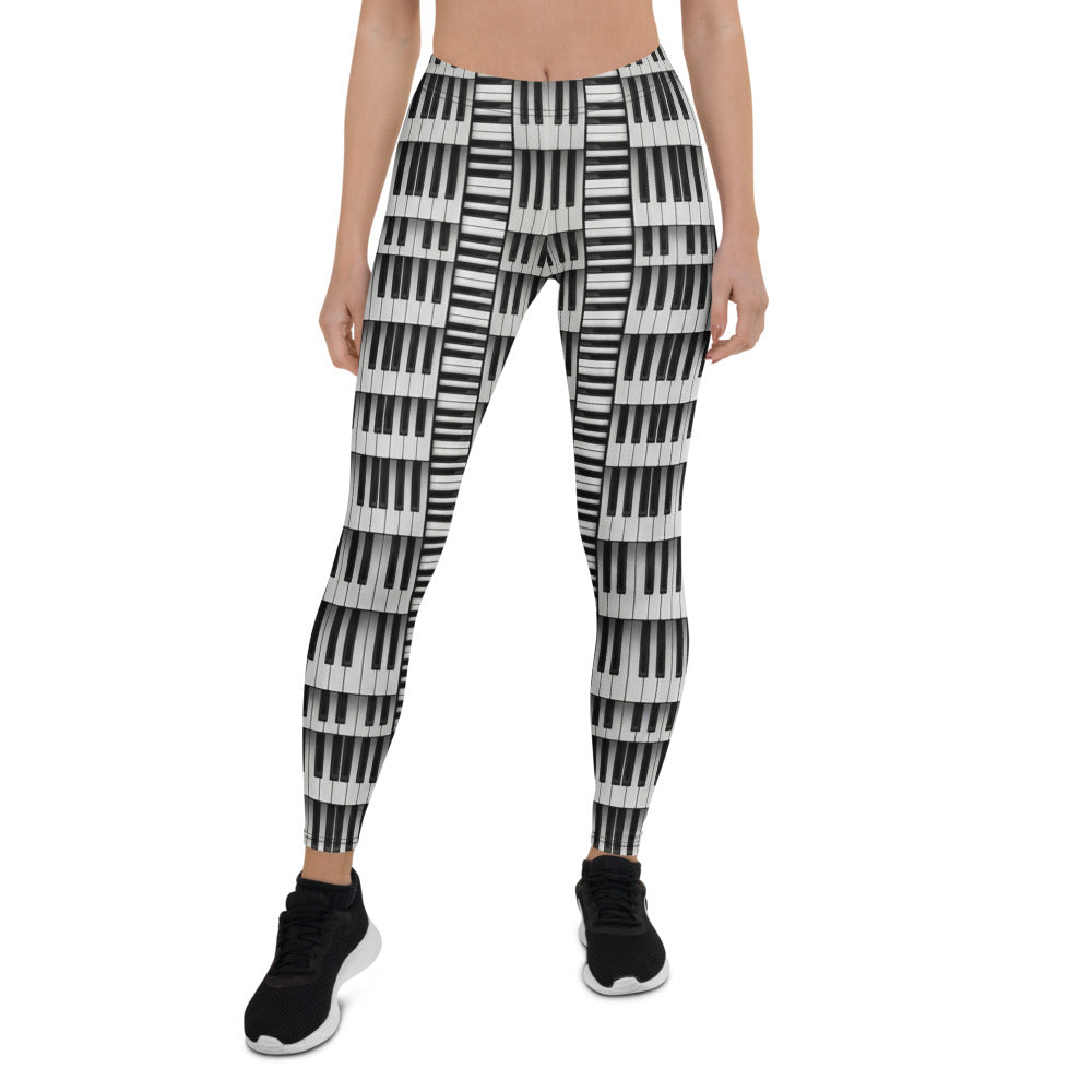 Personalisierte Damen Sportleggings Klavier Muster Schwarz Weiß Piano Design Yoga Leggings B747