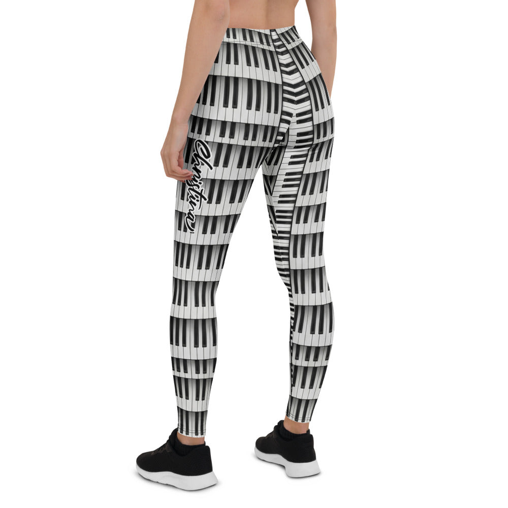 Personalisierte Damen Sportleggings Klavier Muster Schwarz Weiß Piano Design Yoga Leggings B747