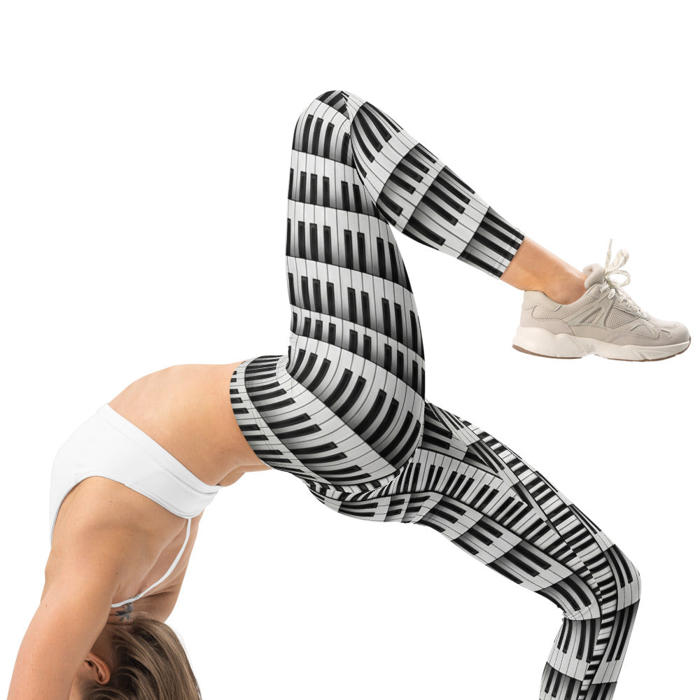 Personalisierte Damen Sportleggings Klavier Muster Schwarz Weiß Piano Design Yoga Leggings B747