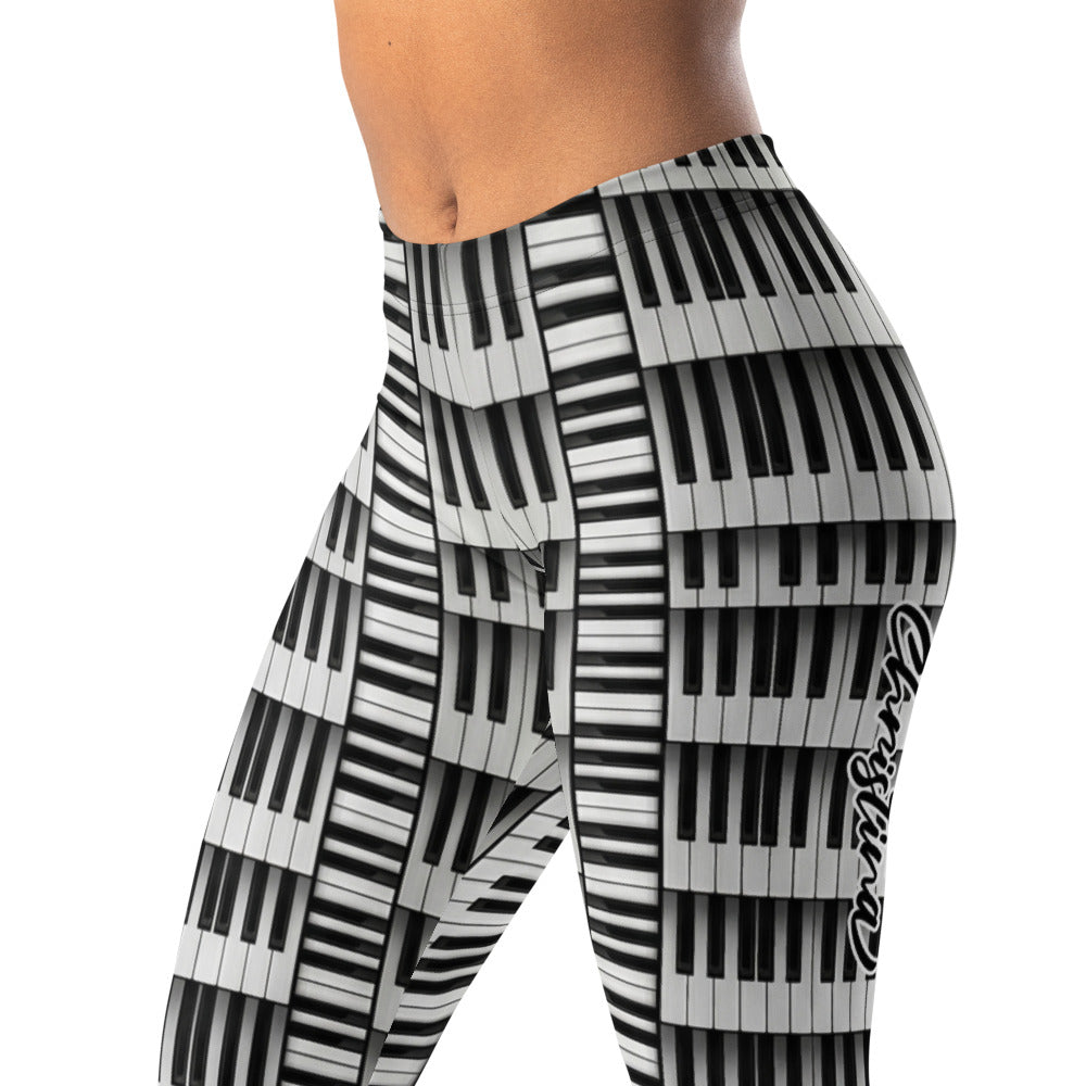 Personalisierte Damen Sportleggings Klavier Muster Schwarz Weiß Piano Design Yoga Leggings B747