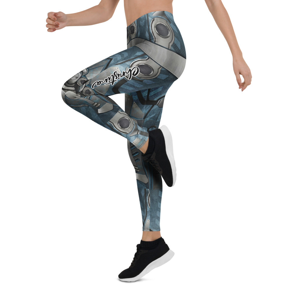 Personalisierte Damen Sportleggings Sci-Fi Rüstung Blau Grau Fitness Leggings Cyborg Design Z512