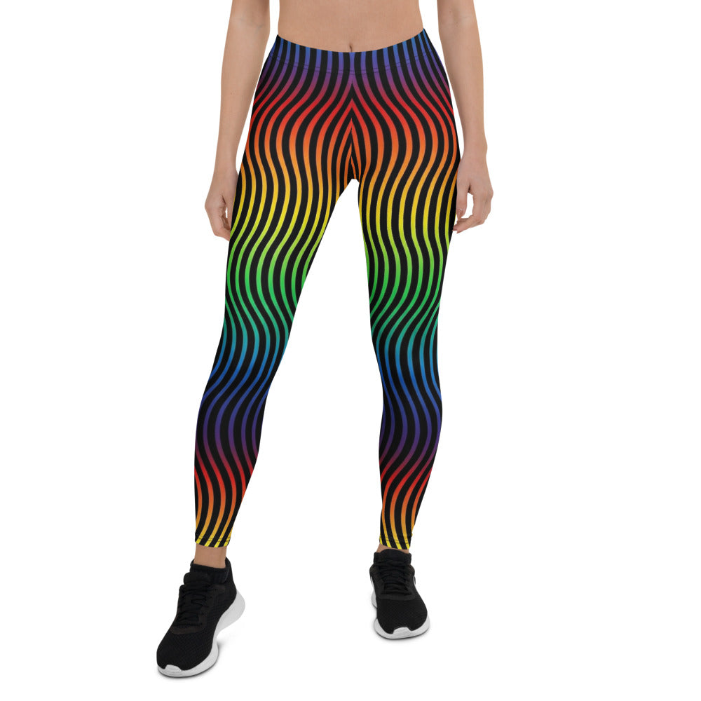 Personalisierte Damen Sportleggings Regenbogen Wellenmuster Bunt Fitness Leggings Yoga Hose Schwarz E070
