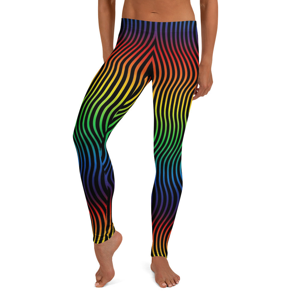 Personalisierte Damen Sportleggings Regenbogen Wellenmuster Bunt Fitness Leggings Yoga Hose Schwarz E070