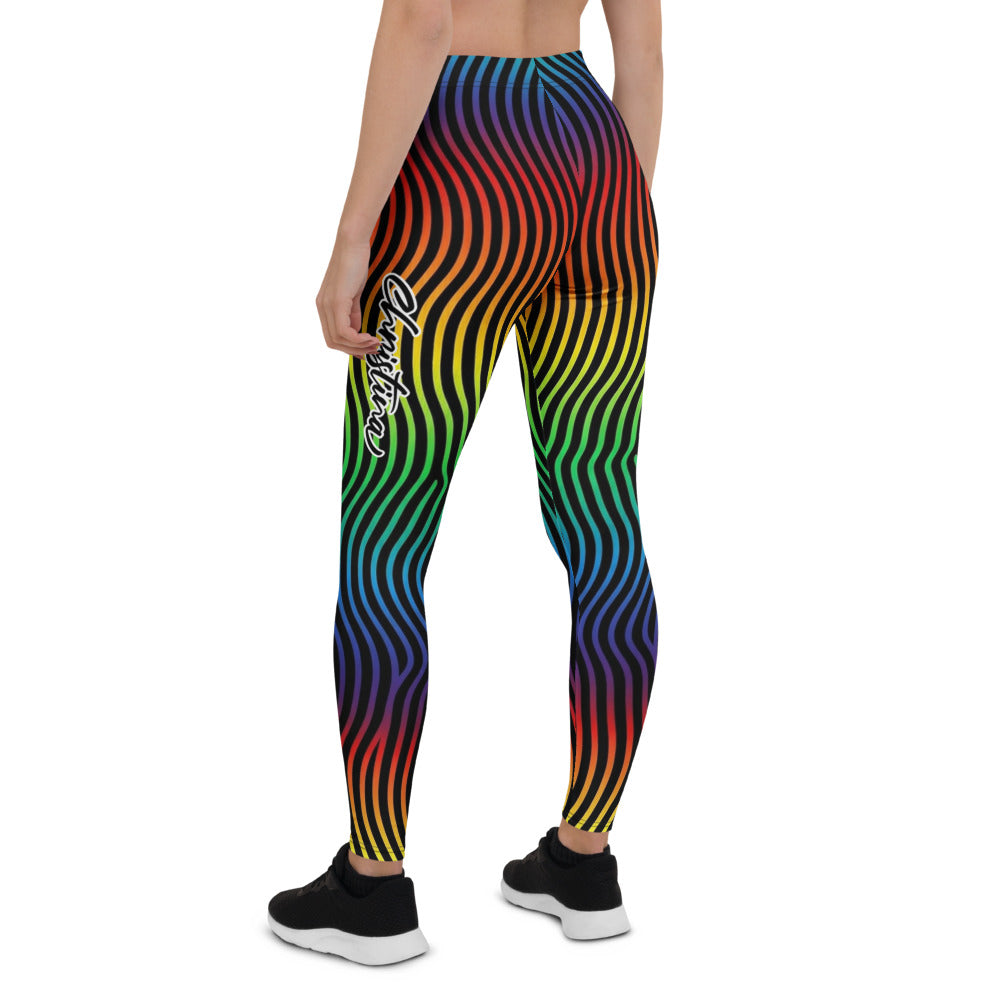 Personalisierte Damen Sportleggings Regenbogen Wellenmuster Bunt Fitness Leggings Yoga Hose Schwarz E070