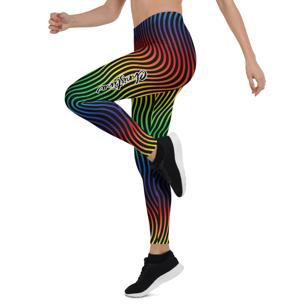Personalisierte Damen Sportleggings Regenbogen Wellenmuster Bunt Fitness Leggings Yoga Hose Schwarz E070