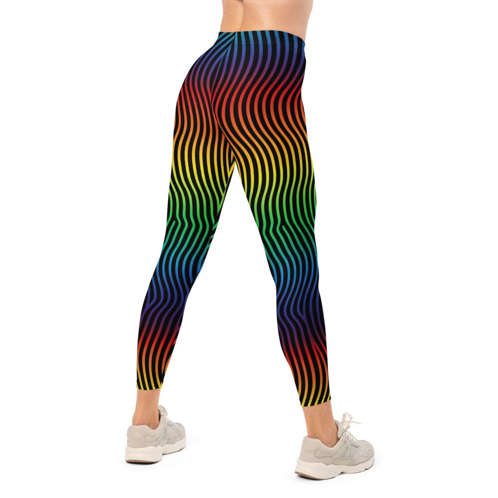 Personalisierte Damen Sportleggings Regenbogen Wellenmuster Bunt Fitness Leggings Yoga Hose Schwarz E070