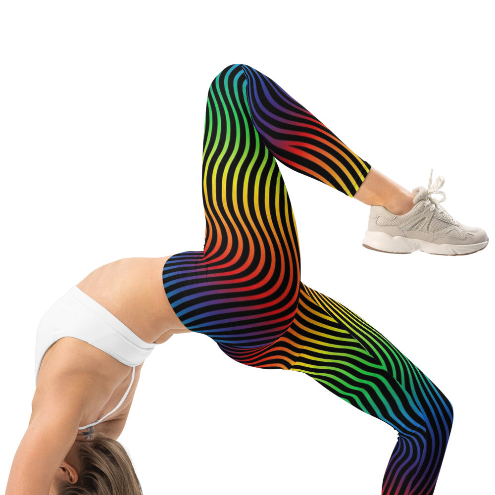 Personalisierte Damen Sportleggings Regenbogen Wellenmuster Bunt Fitness Leggings Yoga Hose Schwarz E070