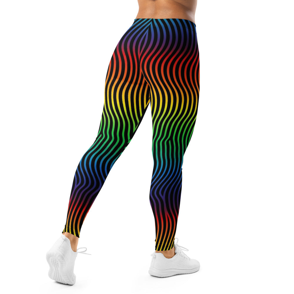Personalisierte Damen Sportleggings Regenbogen Wellenmuster Bunt Fitness Leggings Yoga Hose Schwarz E070