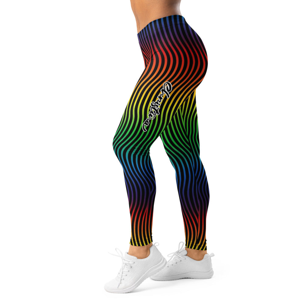 Personalisierte Damen Sportleggings Regenbogen Wellenmuster Bunt Fitness Leggings Yoga Hose Schwarz E070