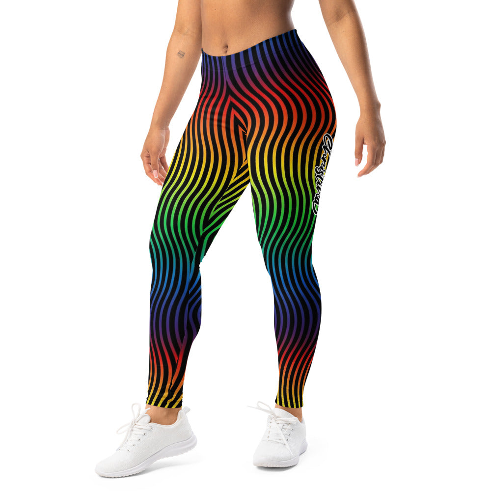 Personalisierte Damen Sportleggings Regenbogen Wellenmuster Bunt Fitness Leggings Yoga Hose Schwarz E070