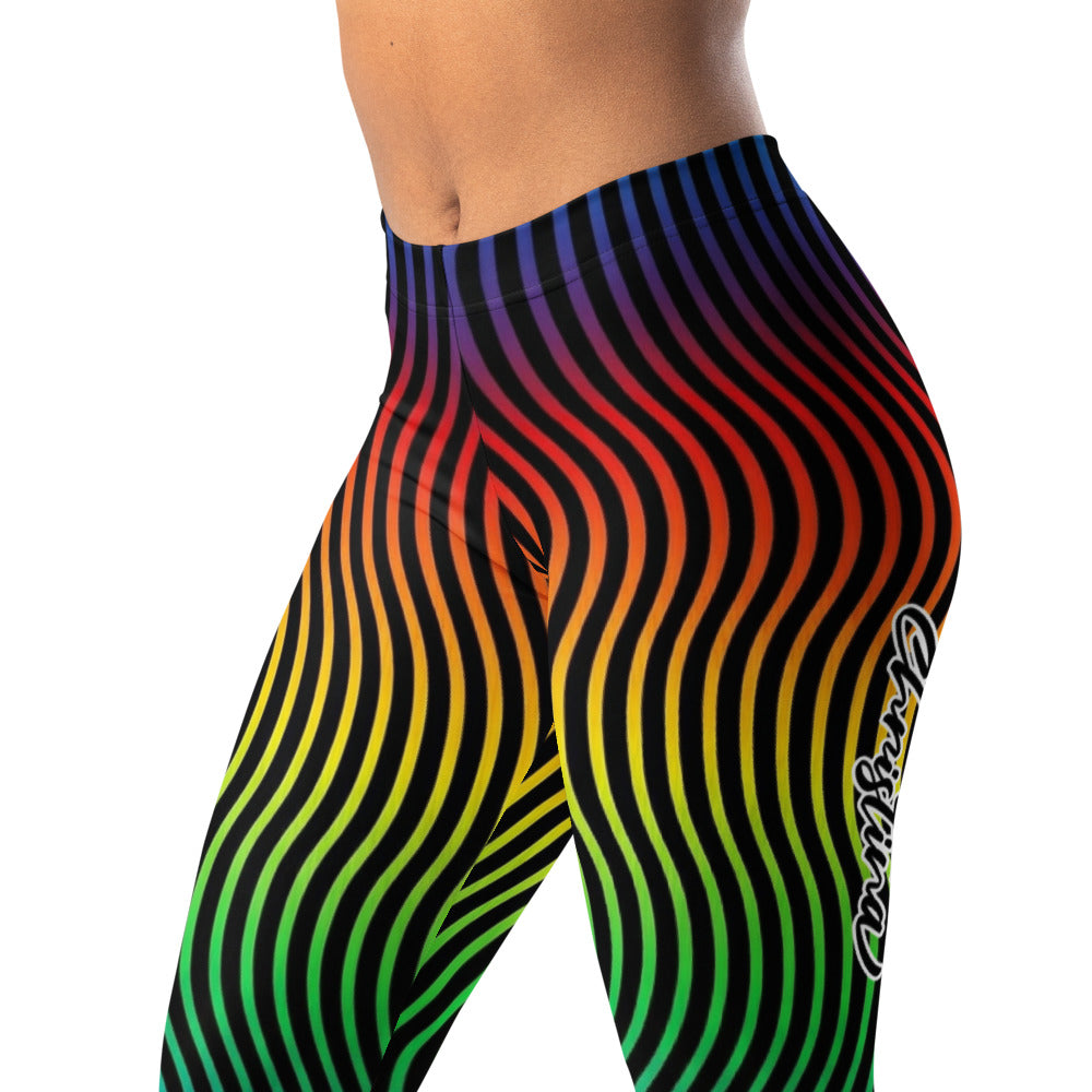 Personalisierte Damen Sportleggings Regenbogen Wellenmuster Bunt Fitness Leggings Yoga Hose Schwarz E070
