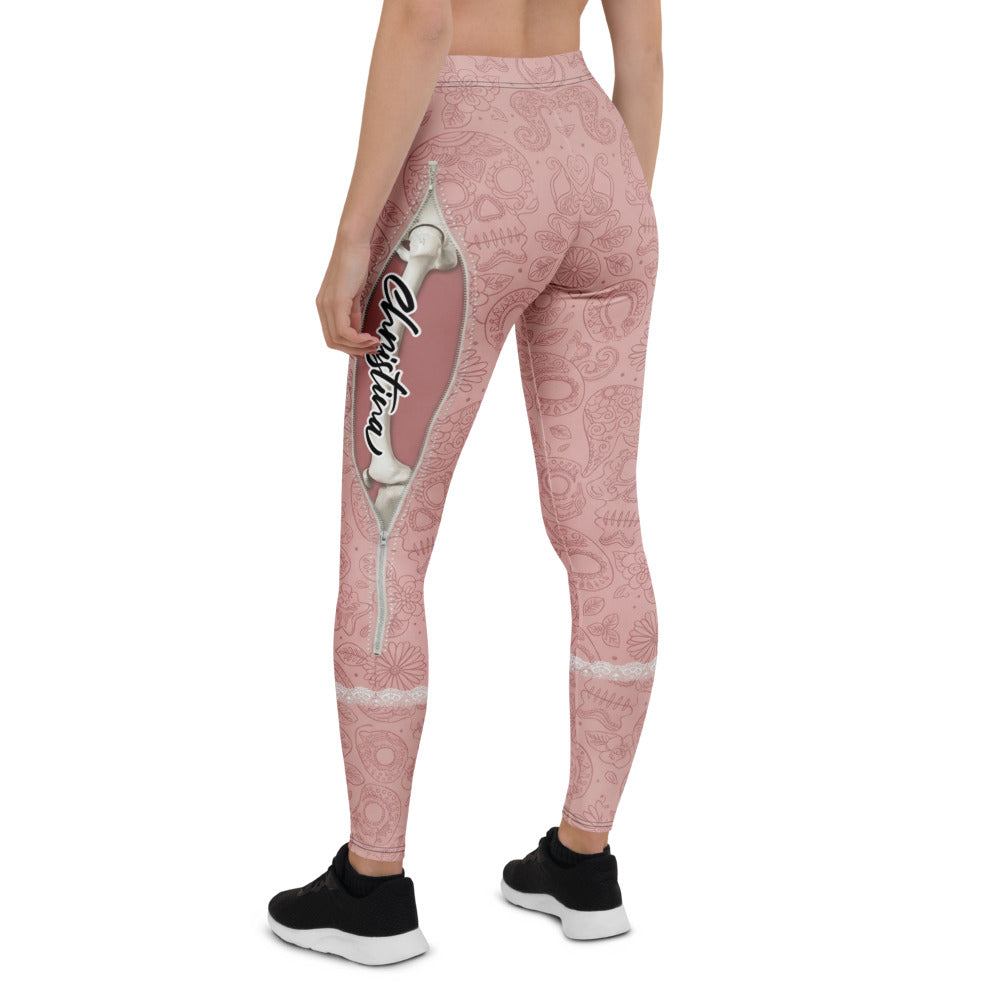 Personalisierte Damen Sportleggings Totenkopf Design Altrosa Yoga Leggings Blumenmuster Fitnesshose Y271