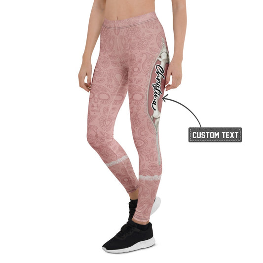 Personalisierte Damen Sportleggings Totenkopf Design Altrosa Yoga Leggings Blumenmuster Fitnesshose Y271 - XL