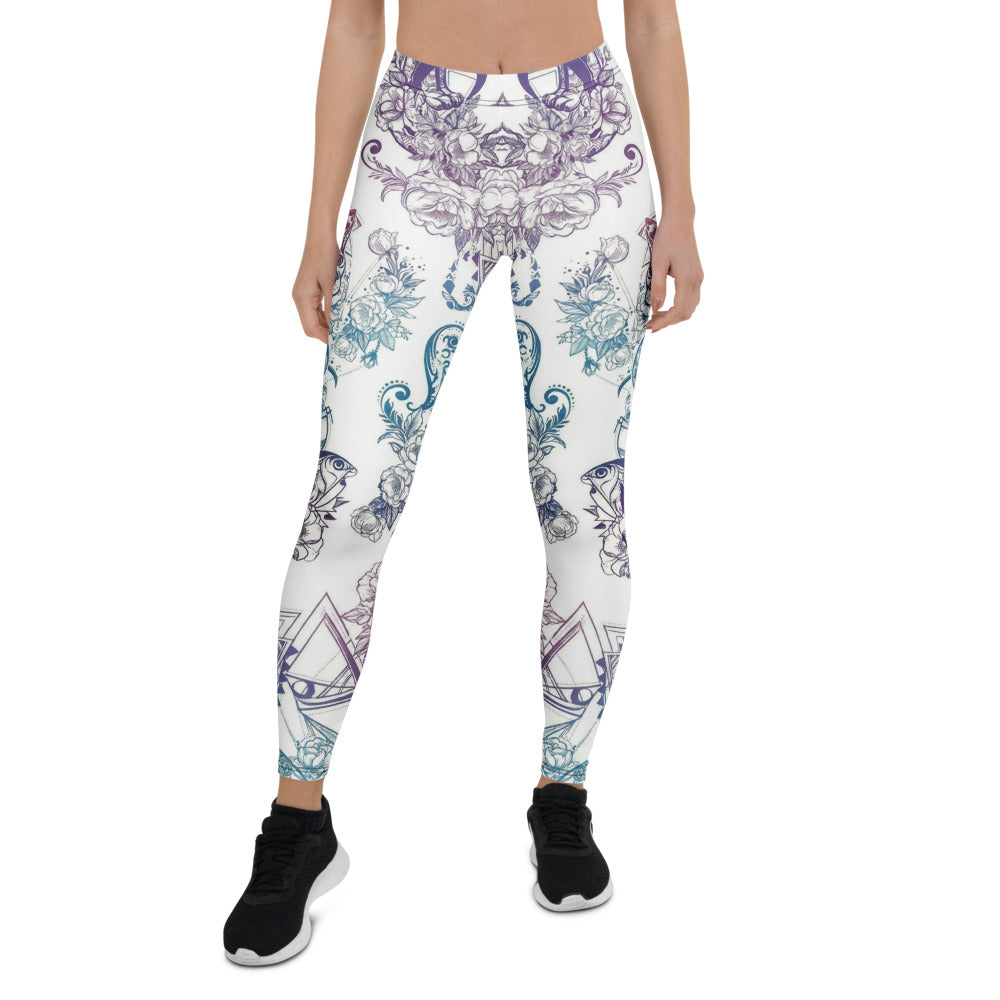 Personalisierte Damen Sportleggings Weiß Blau Lila Blumenmuster Ornament Yoga Fitness Leggings O845