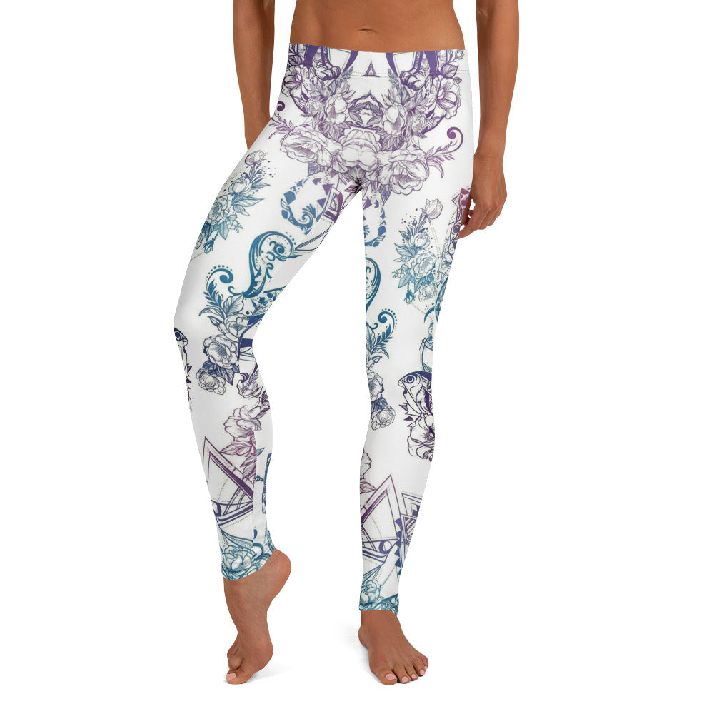 Personalisierte Damen Sportleggings Weiß Blau Lila Blumenmuster Ornament Yoga Fitness Leggings O845
