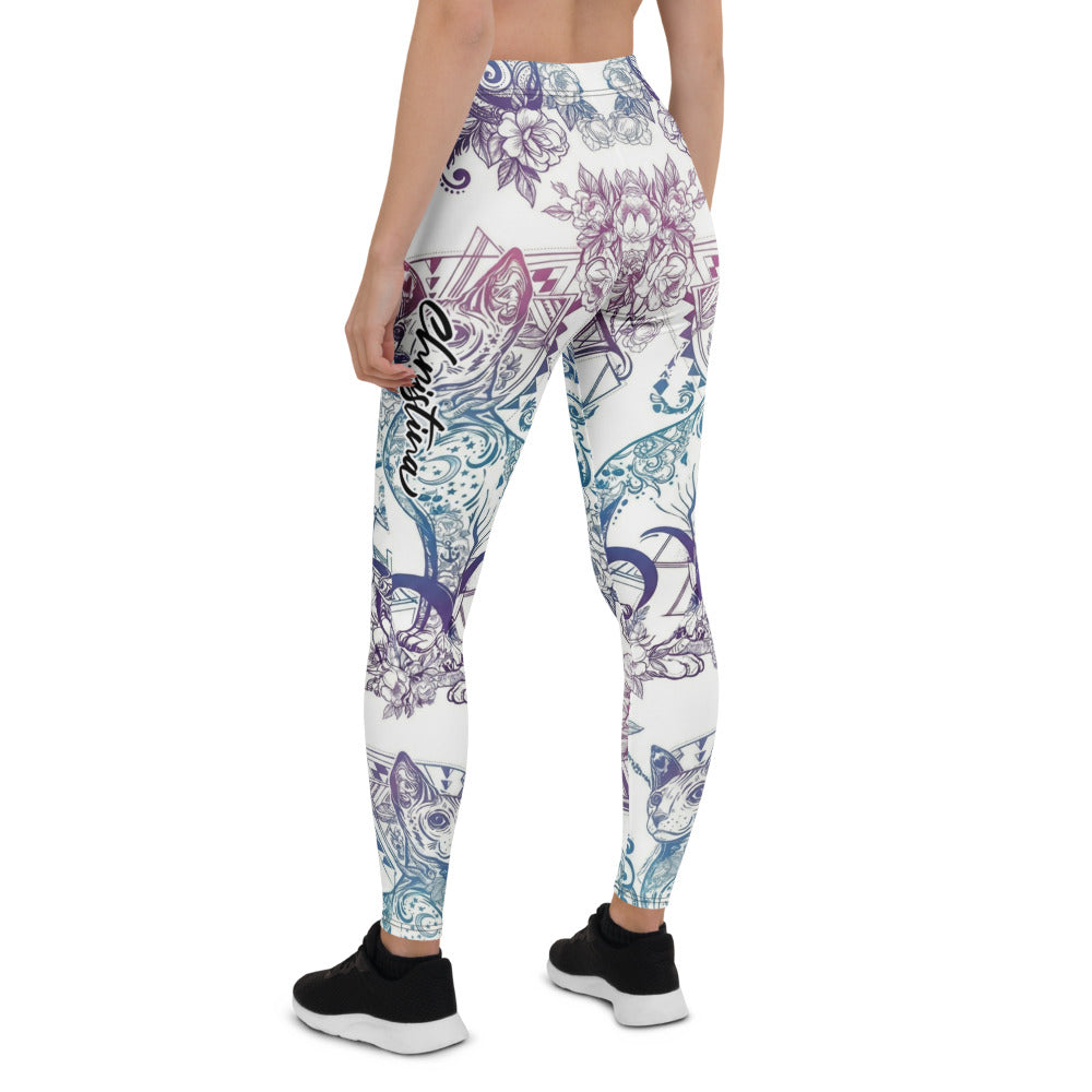Personalisierte Damen Sportleggings Weiß Blau Lila Blumenmuster Ornament Yoga Fitness Leggings O845