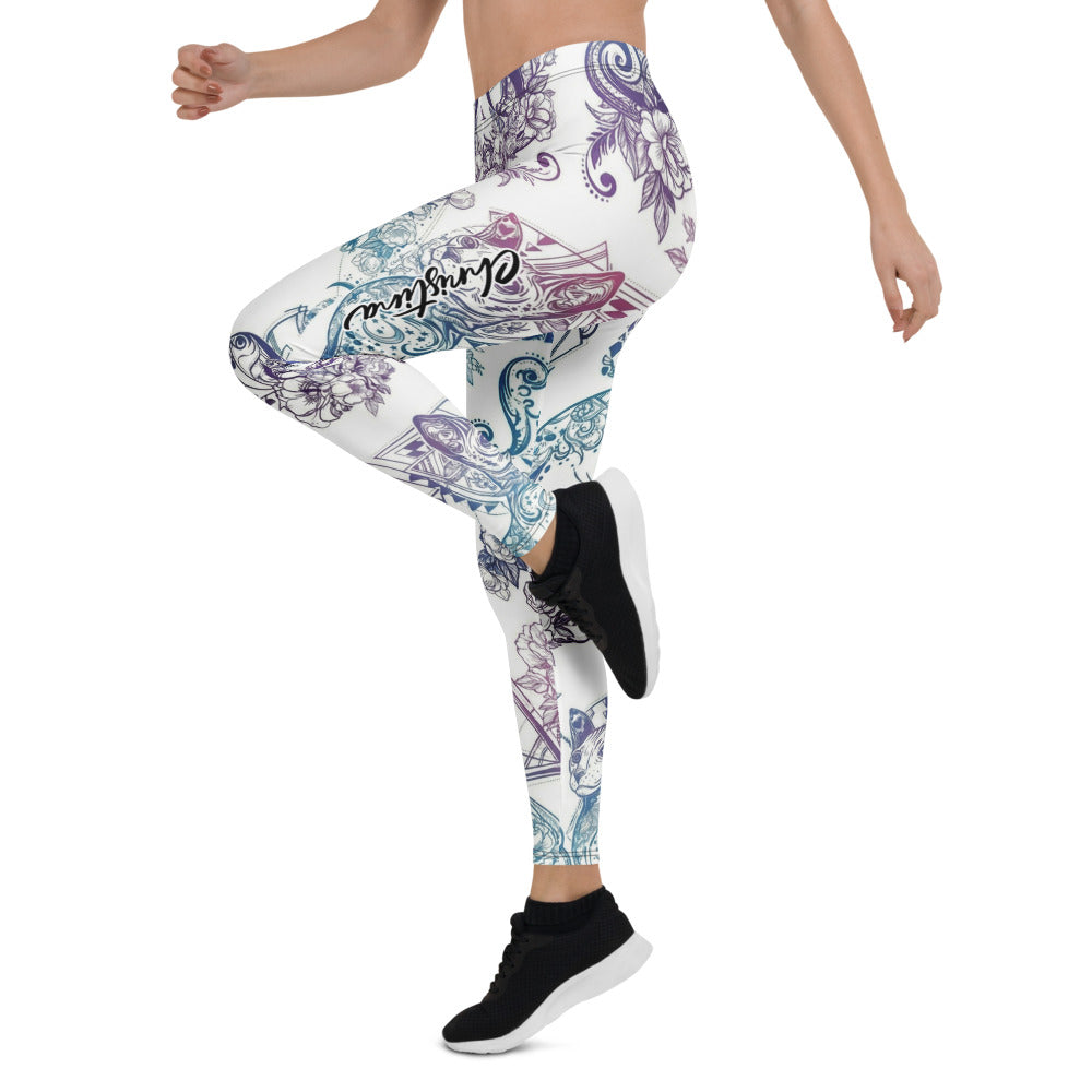 Personalisierte Damen Sportleggings Weiß Blau Lila Blumenmuster Ornament Yoga Fitness Leggings O845